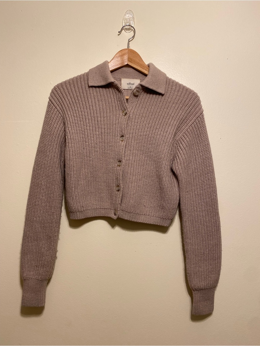 Wilfred Aritzia Merino Wool Cropped Collared Knit Cardigan - Taupe. Size XS